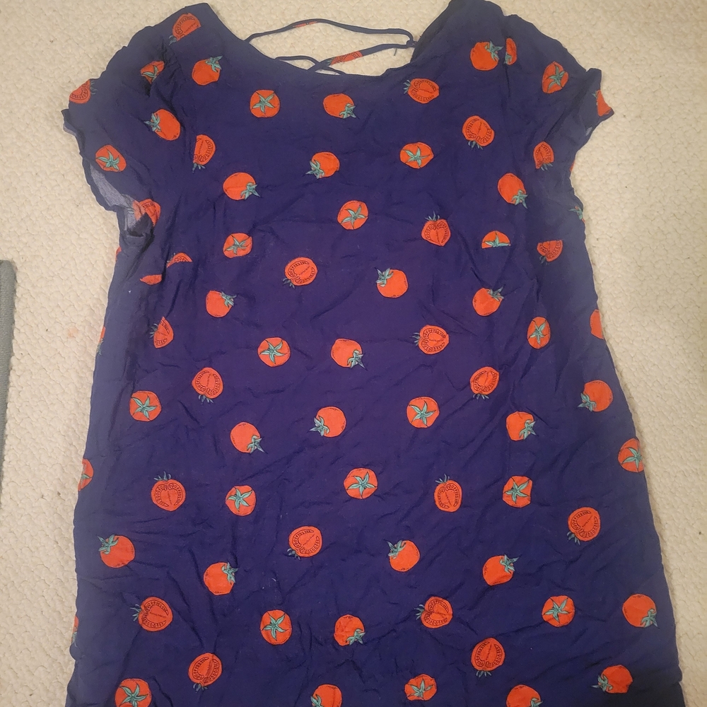 Navy Blue Lace-Up Back Dress with Red Orange Tomato Print